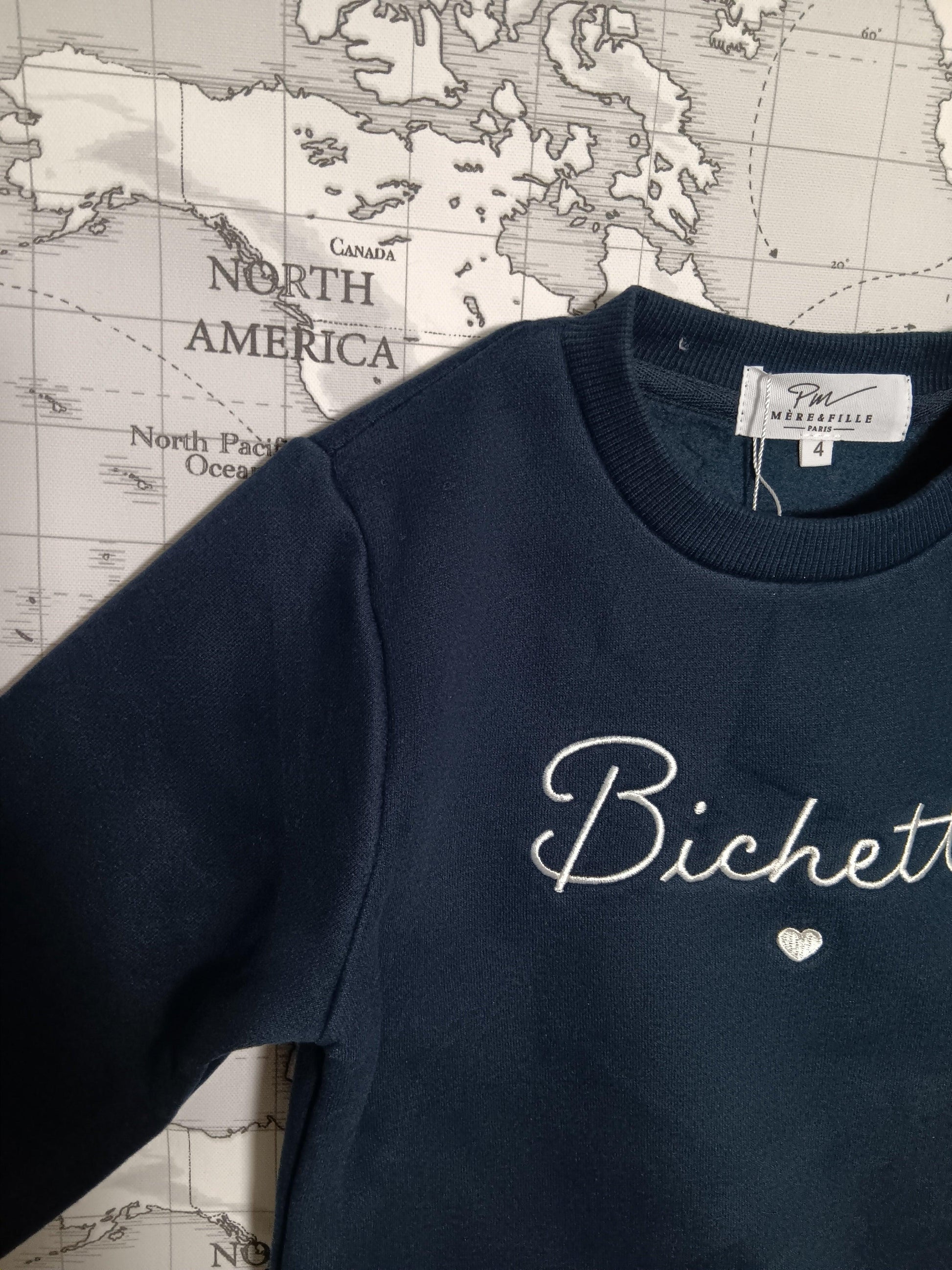 Navy blue children's sweatshirt 'Bichette' from Le Petit Placard, map background
