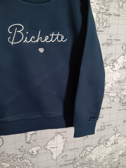 Navy blue children's sweatshirt with 'Bichette' embroidery, Le Petit Placard apparel.