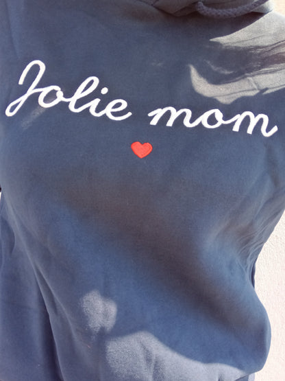 Navy blue sweatshirt with 'Jolie mom' white script and red heart, Le Petit Placard