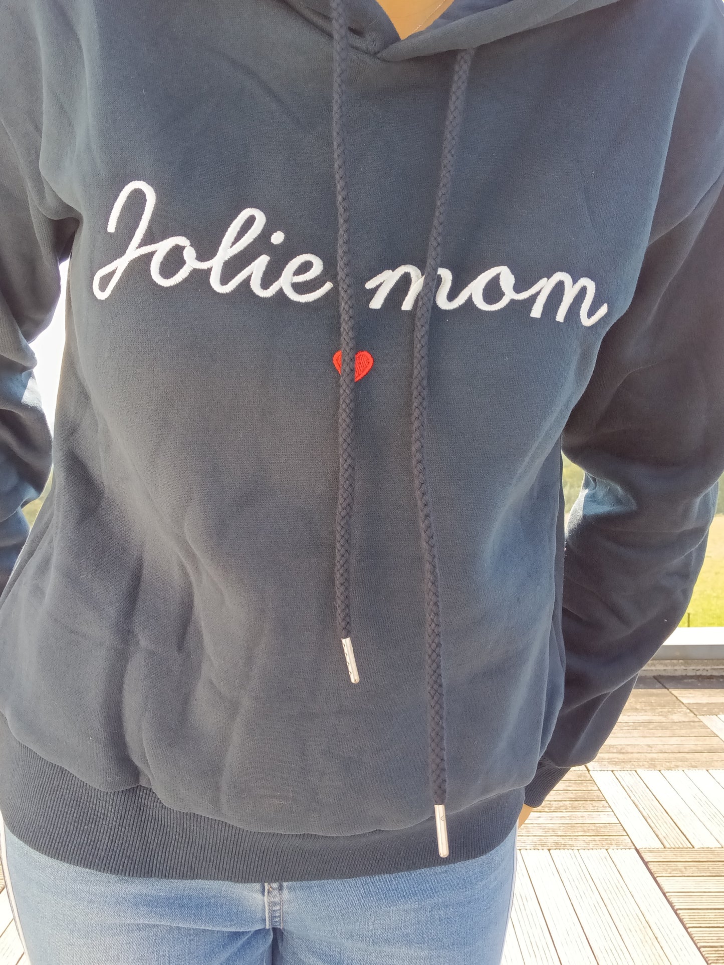 Navy blue hoodie with Jolie mom text and red heart, casual fashion from Le Petit Placard