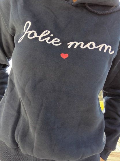 Navy blue sweatshirt with 'Jolie Mom' and red heart embroidery from Le Petit Placard