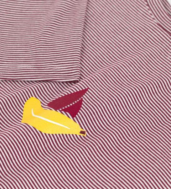 Red and white striped Petit Bateau pyjama fabric with yellow and red leaf motif, Le Petit Placard