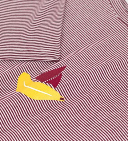 Red and white striped Petit Bateau pyjama fabric with yellow and red leaf motif, Le Petit Placard