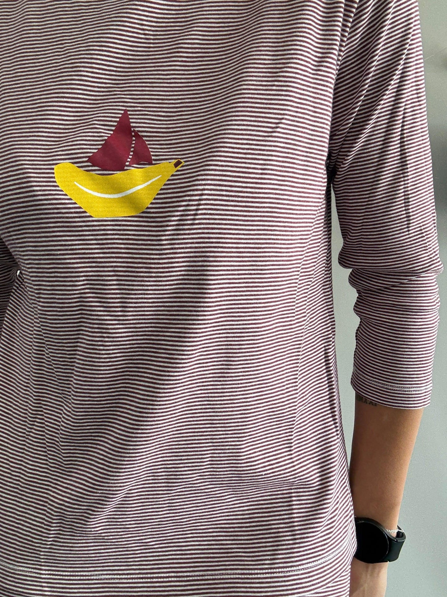 Maroon striped pyjama top with yellow and red sailboat print, Le Petit Placard