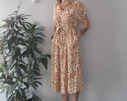 Robe longue femme à motifs orangés – Ceinture assortie & poches | 100% Viscose