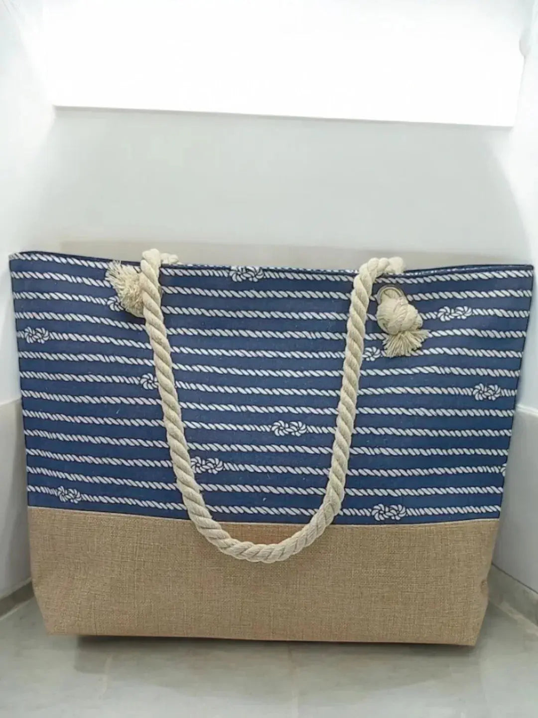 Sac de Plage Bleu Motifs Nœuds – Grand Format Porté Épaule Le Petit Placard