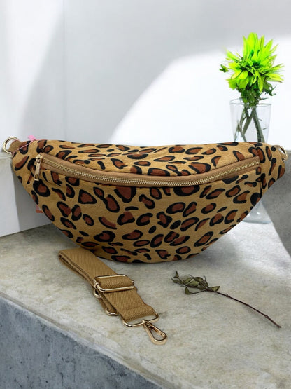 Sac banane coton épais toucher doux imprimé léopard camel avec bandoulière dorée réglable