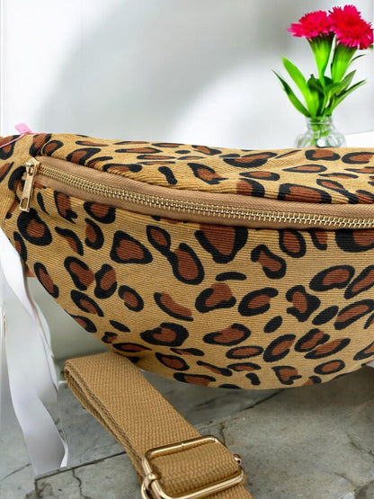 Sac banane coton épais toucher doux imprimé léopard camel avec fermeture éclair dorée et bandoulière réglable