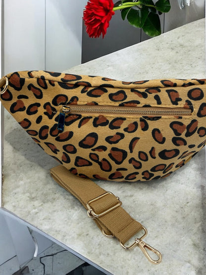 Sac banane coton épais toucher doux camel léopard avec bandoulière réglable et fermeture éclair dorée