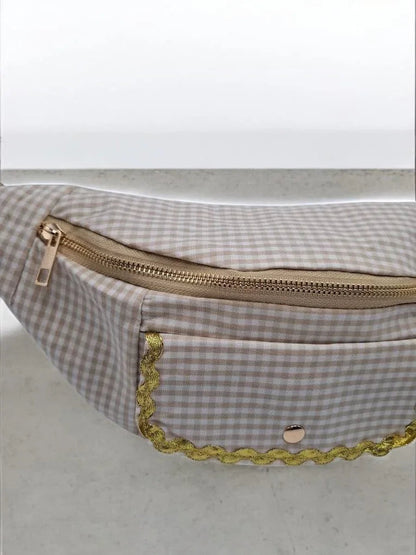 Sac banane en coton motif vichy beige et blanc 2 poches Le Petit Placard