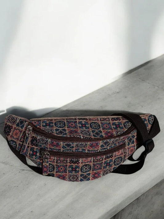 Patterned fabric fanny pack with zippers, featured at Le Petit Placard accessories shop