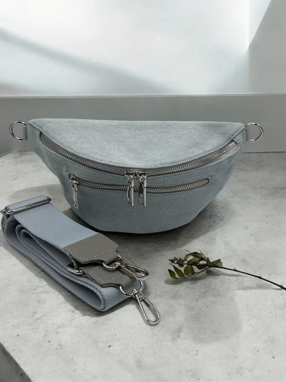 Sac banane en tissu matiere jean gris clair 2 poches Le Petit Placard