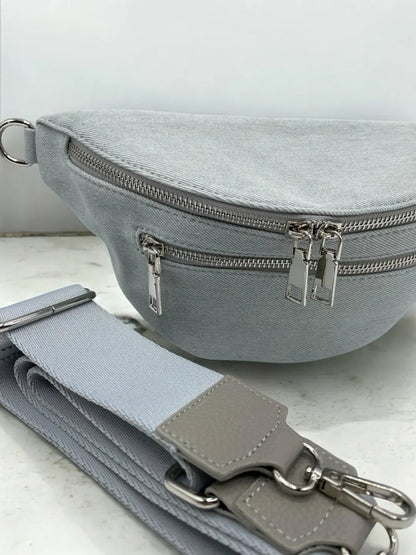 Sac banane en tissu matiere jean gris clair 2 poches Le Petit Placard