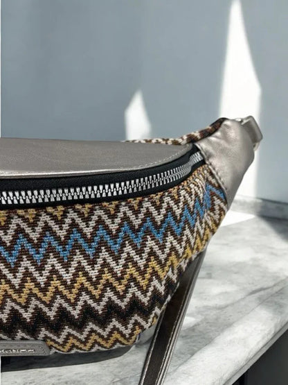 Patterned sac banane with zigzag design and leather accents on marble surface, Le Petit Placard