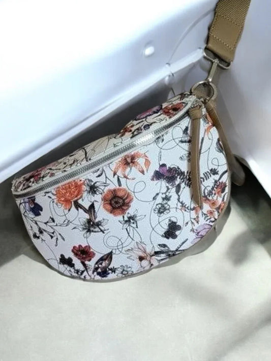 Floral print white belt bag with beige strap on display at Le Petit Placard, trendy accessory