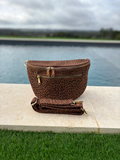 Sac banane tissu doux léopard marron noir 2 poches Le Petit Placard