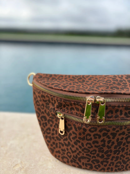 Sac banane tissu doux léopard marron noir 2 poches Le Petit Placard