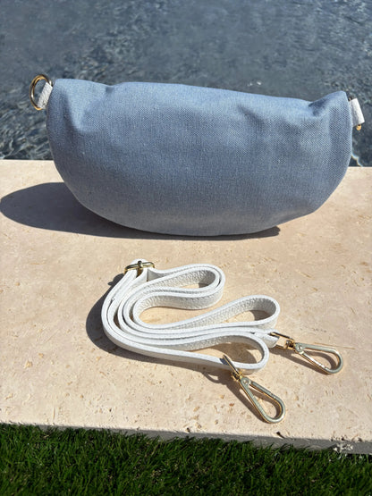Sac banane tissu jean bandouliere blanche en cuir Le Petit Placard