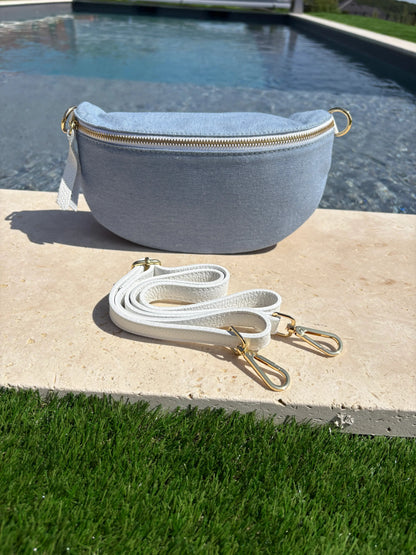 Sac banane tissu jean bandouliere blanche en cuir Le Petit Placard