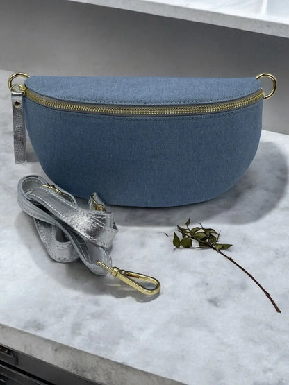 Sac banane tissu jean bandouliere grise en cuir Le Petit Placard
