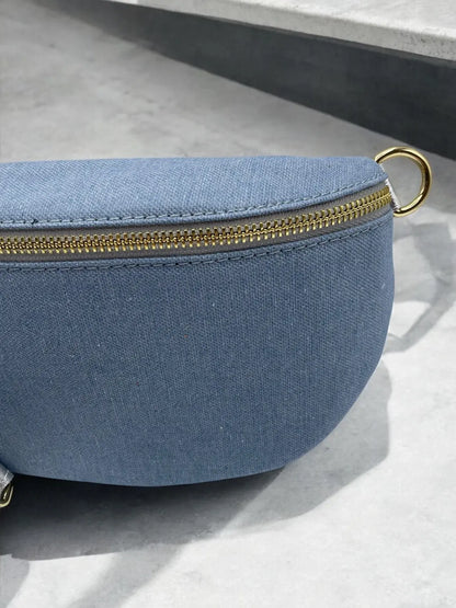 Sac banane tissu jean bandouliere grise en cuir Le Petit Placard