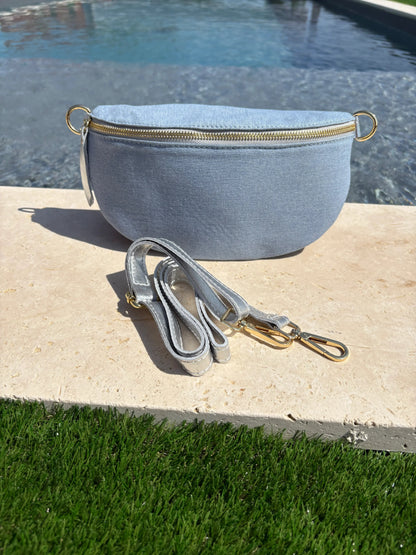 Sac banane tissu jean bandouliere grise en cuir Le Petit Placard