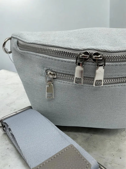Sac banane tissu jean gris clair 2 poches Le Petit Placard