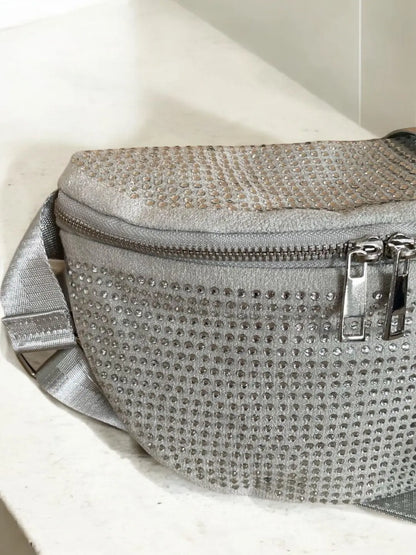 Sac banane toucher velours à strass couleur argent Le Petit Placard