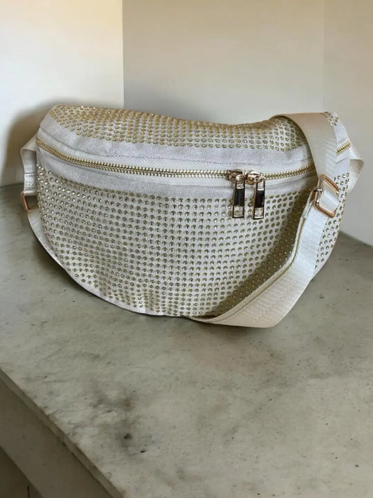 Sac banane toucher velours à strass couleur or pale Le Petit Placard