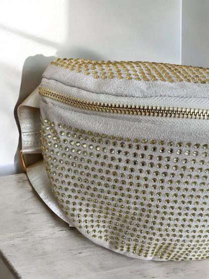 Sac banane toucher velours à strass couleur or pale Le Petit Placard