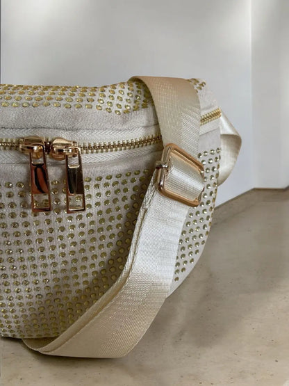 Sac banane toucher velours à strass couleur or pale Le Petit Placard