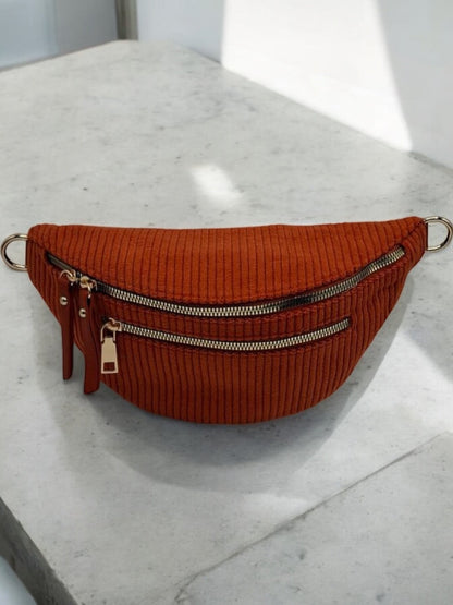 Sac banane velours côtelé 2 poches sangle fantaisie couleur Brique terracotta Le Petit Placard