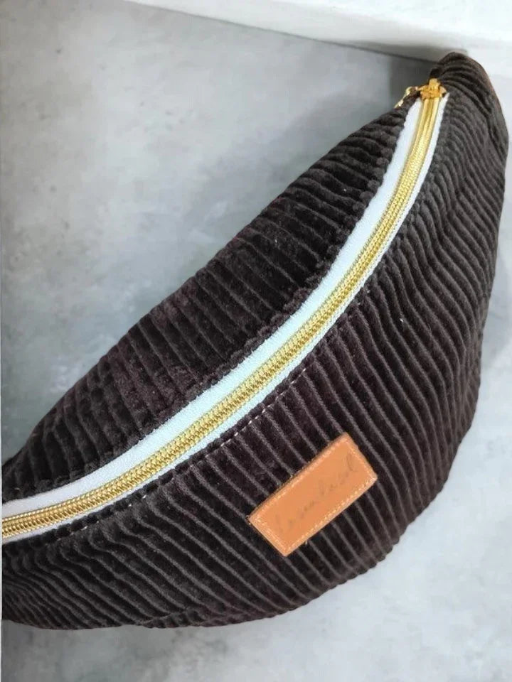 Brown corduroy bum bag with gold zipper, Le Petit Placard trendy accessories