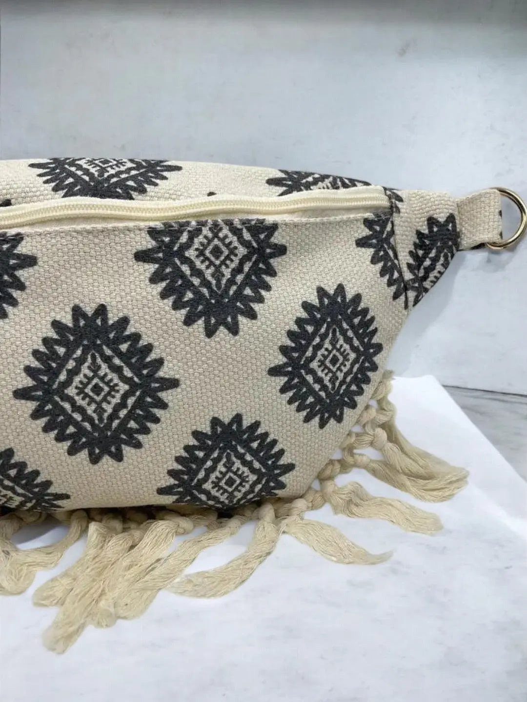 Sac Banane XL Bandoulière textile style Bohème noir et beige Le Petit Placard
