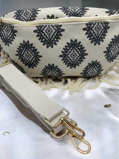 Sac Banane XL Bandoulière textile style Bohème noir et beige Le Petit Placard