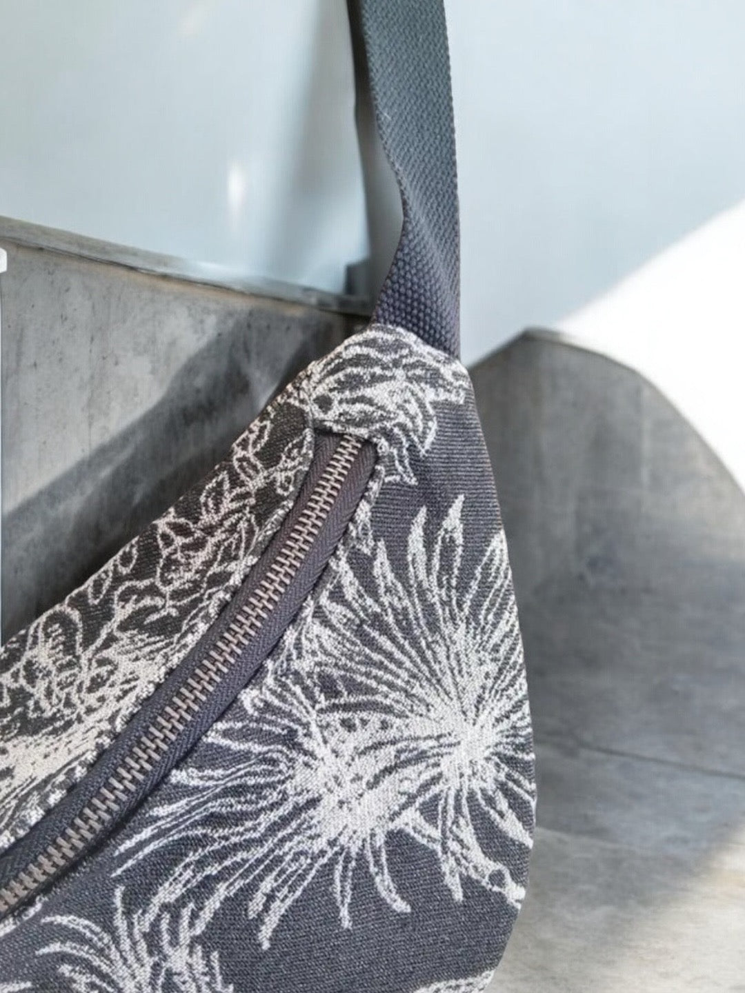 Patterned fabric belt bag with floral print and zipper, Le Petit Placard accessories