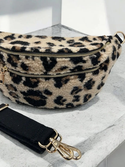 Sac banane XL peluche moumoute 2 poches léopard beige marron Le Petit Placard