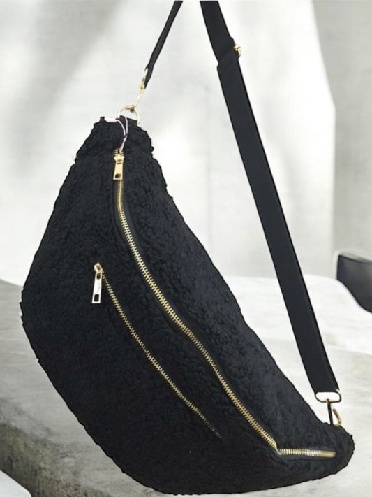 Sac banane XXL tissu toucher peluche deux poches noir Le Petit Placard