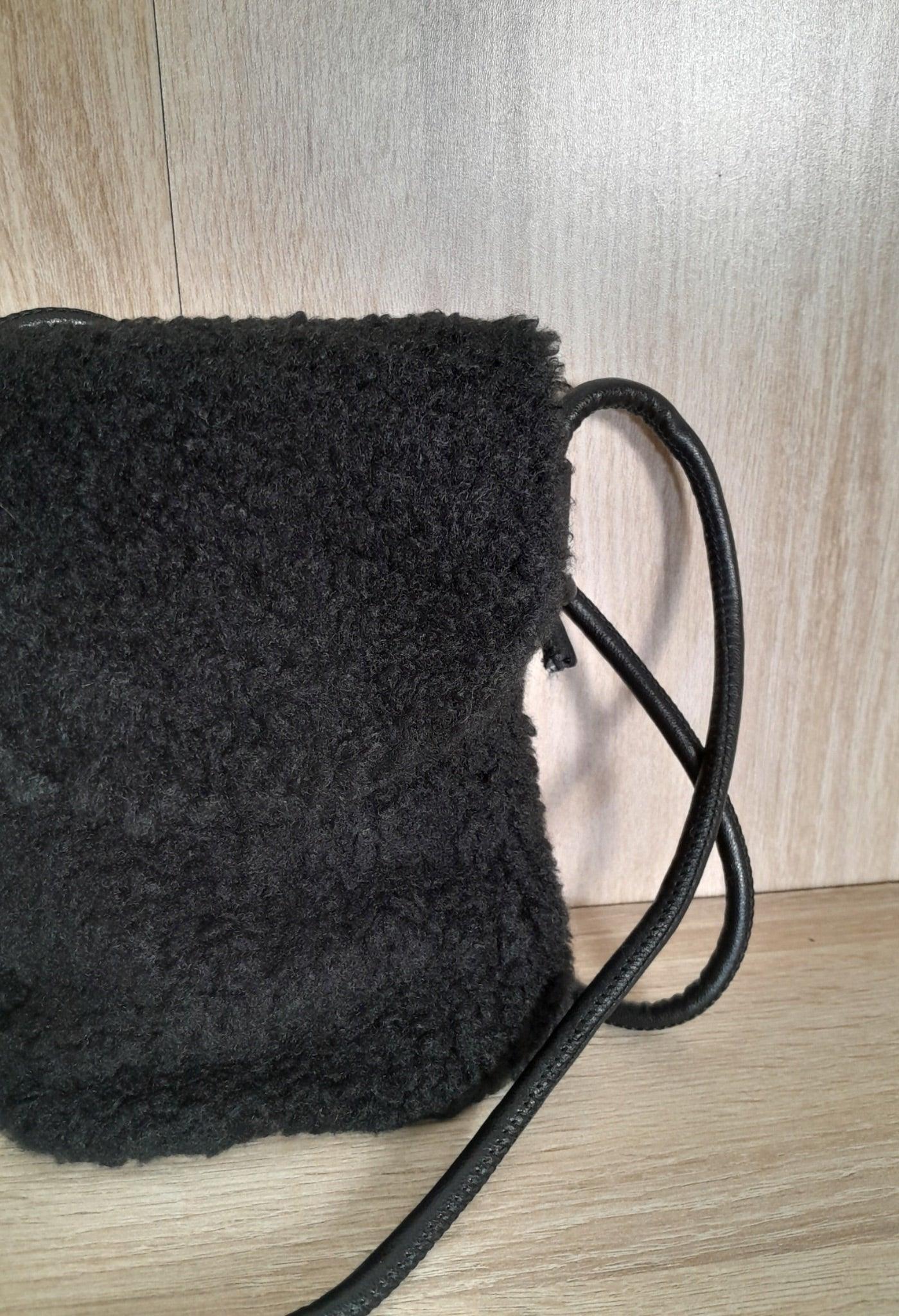 Black faux fur crossbody bag with textured moumoute finish on wood, Le Petit Placard accessory