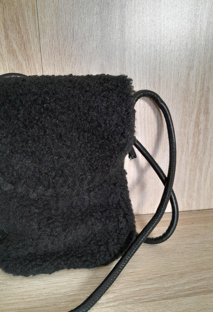 Black faux fur crossbody bag with textured moumoute finish on wood, Le Petit Placard accessory