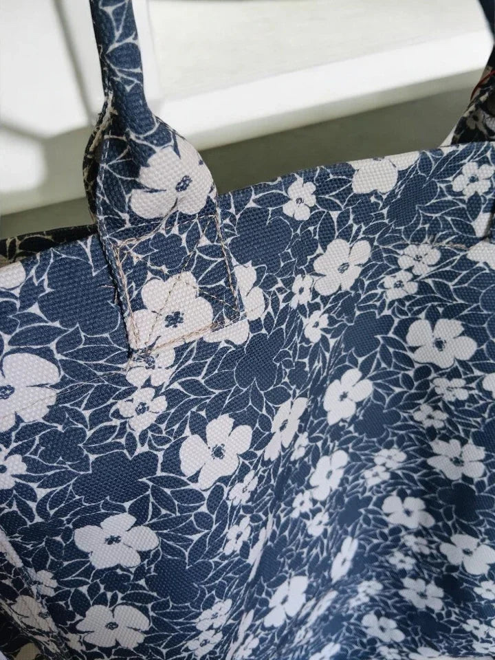 Blue floral-print tote bag fabric with reinforced handle, Le Petit Placard accessory