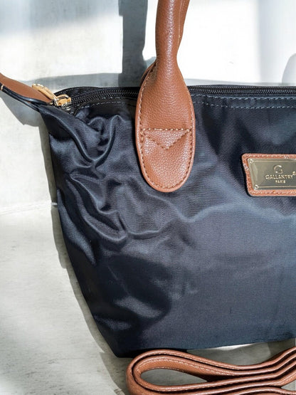Sac à main fourre-tout petit modèle noir Gallantry Paris avec anses et bandoulière en cuir camel