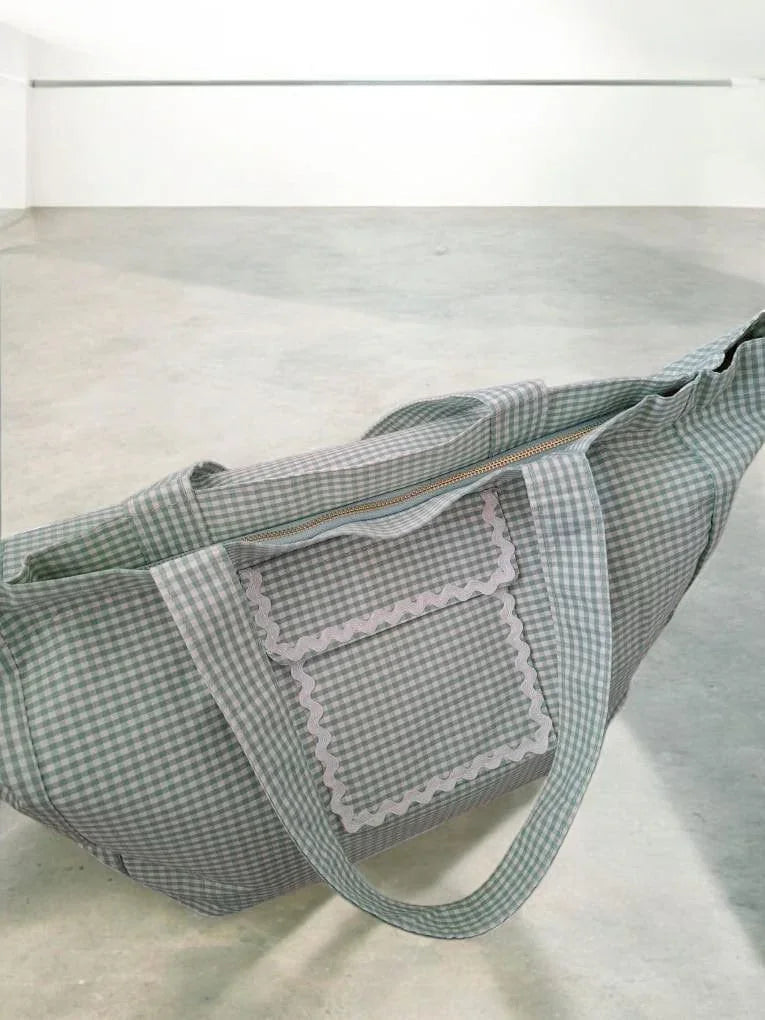 Sac week-end voyage en coton motif à carreaux couleur Vert d'eau et blanc Le Petit Placard