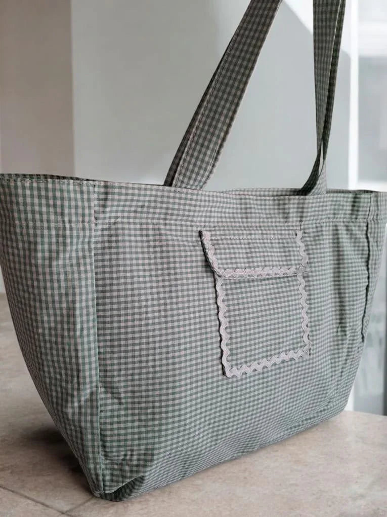 Sac week-end voyage en coton motif à carreaux couleur Vert d'eau et blanc Le Petit Placard
