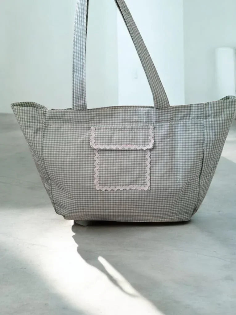 Sac week-end voyage en coton motif à carreaux couleur Vert d'eau et blanc Le Petit Placard