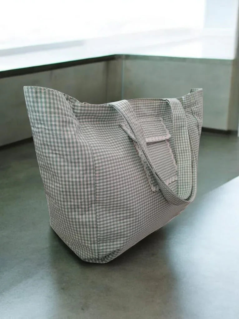 Sac week-end voyage en coton motif à carreaux couleur Vert d'eau et blanc Le Petit Placard