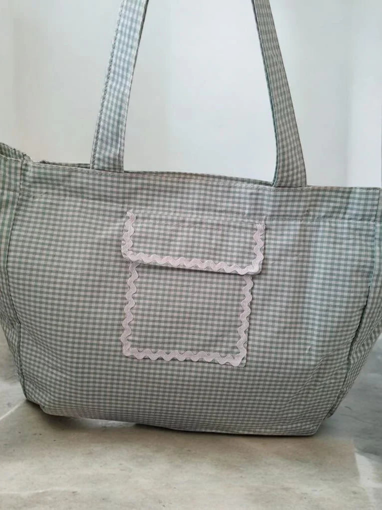 Sac week-end voyage en coton motif à carreaux couleur Vert d'eau et blanc Le Petit Placard