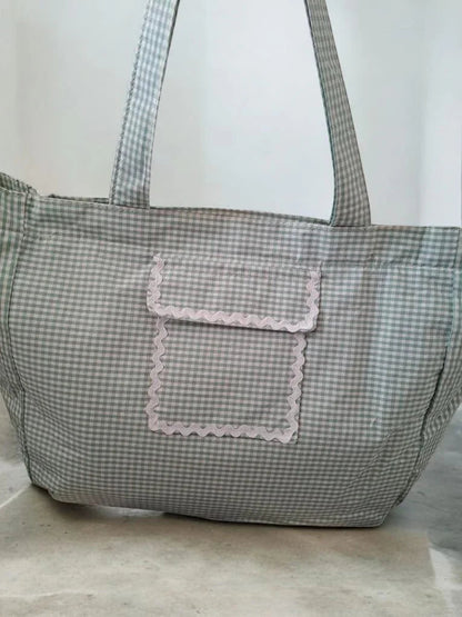 Sac week-end voyage en coton motif à carreaux couleur Vert d'eau et blanc Le Petit Placard