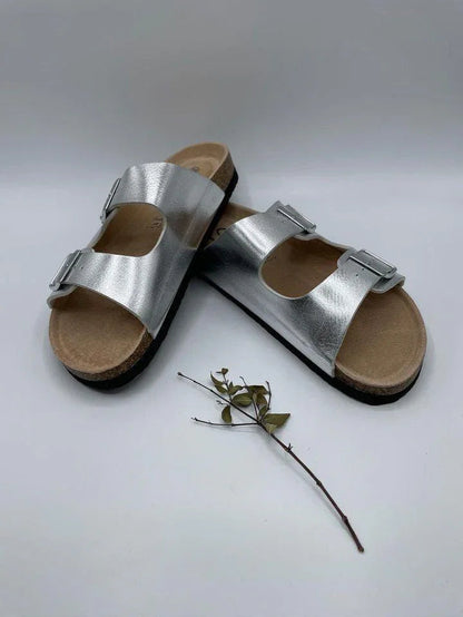 Chaussures sandales intérieur cuir argentée style Birk Le Petit Placard