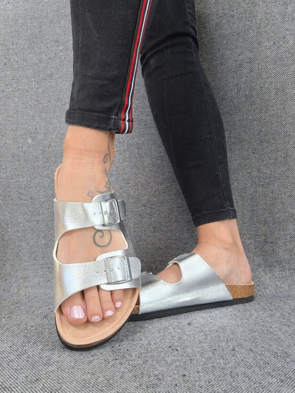 Chaussures sandales intérieur cuir argentée style Birk Le Petit Placard